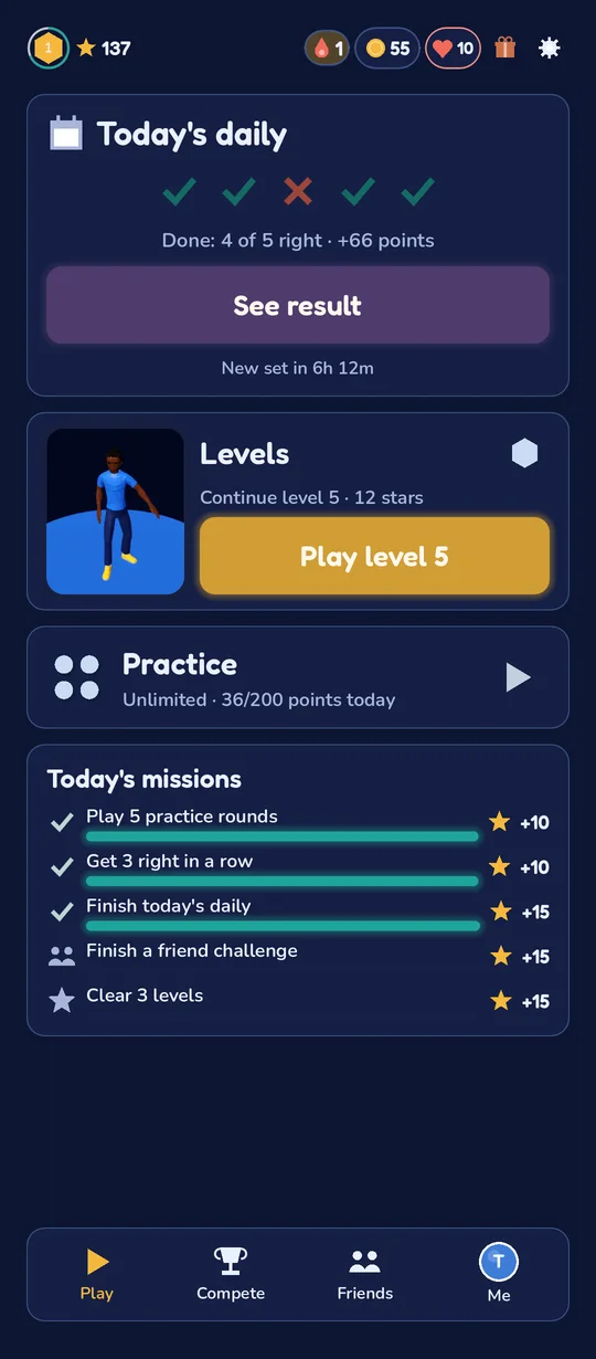 The home screen: today's daily, levels, practice and today's missions