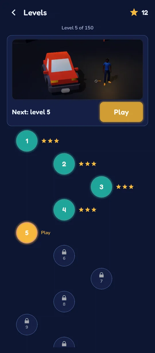 The level map, with cleared levels and their stars