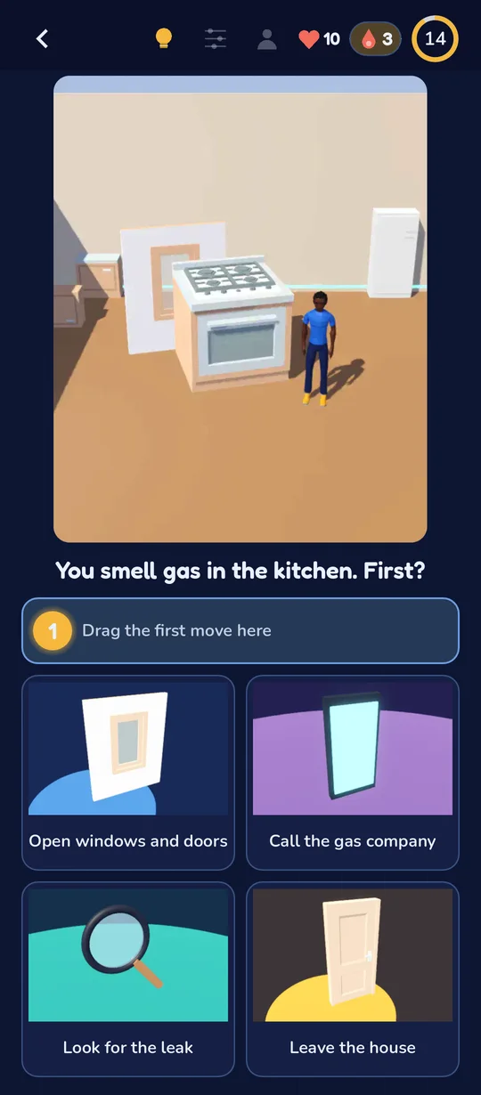 A round: you smell gas in the kitchen, with four picture cards to choose from