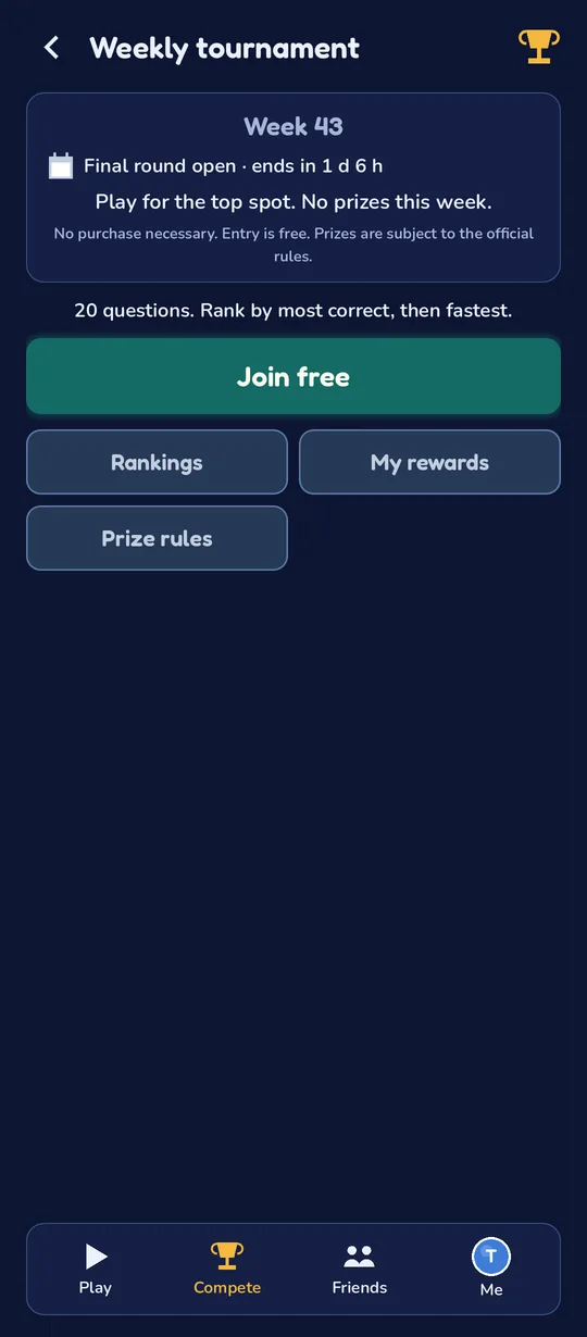 The weekly tournament: free entry, 20 questions, ranked by most correct, then fastest